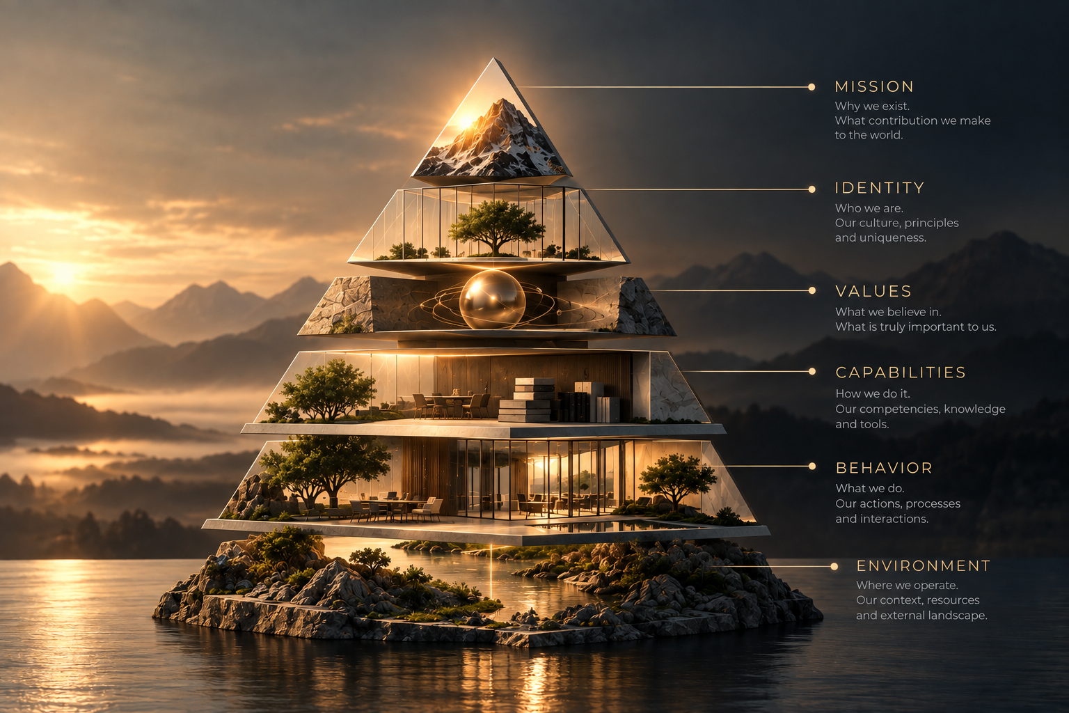 Architecture of an organisation: mission, identity, values, capabilities, behavior and environment